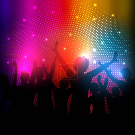 Silhouette of a party audience on a rainbow abstract lights background