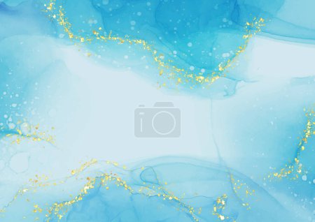 Illustration for Hand painted aqua blue alcohol ink background with gold glitter elements - Royalty Free Image
