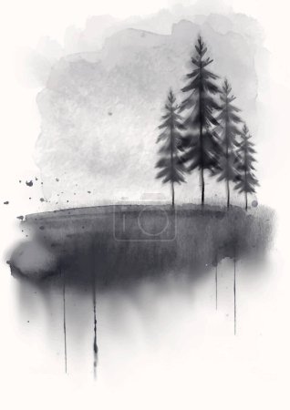 Illustration for Hand painted Japanese themed grunge watercolour landscape design - Royalty Free Image