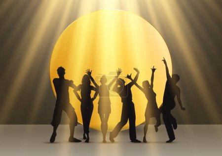 Téléchargez les illustrations : Silhouettes de gens de fête dansant sous les projecteurs - en licence libre de droit