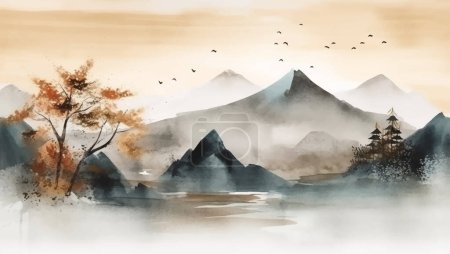 Téléchargez les illustrations : Aquarelle peinte à la main abstraite Fond paysage à thème japonais - en licence libre de droit