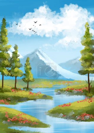 Ilustración de Paisaje soleado pintado a mano con montañas en el fondo en un estilo impresionista - Imagen libre de derechos