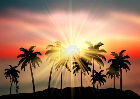 Silhouette of palm trees against a defocussed sunset landscape 