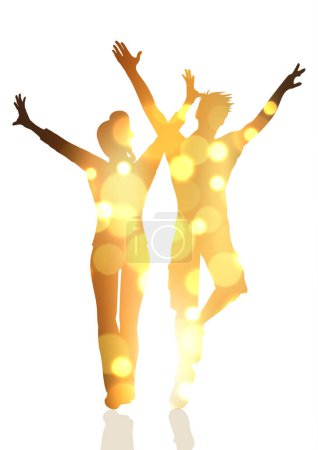 Téléchargez les illustrations : Silhouettes d'un couple de fête avec un design de lumières bokeh en or - en licence libre de droit