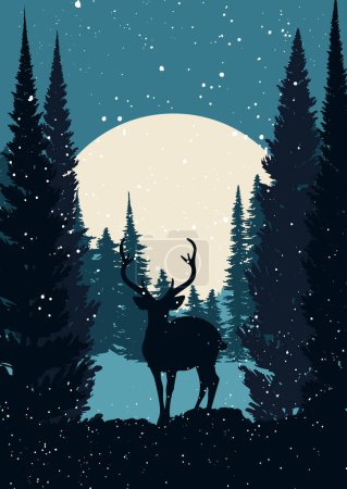 Téléchargez les illustrations : Carte de Noël avec paysage enneigé et silhouette de cerf - en licence libre de droit