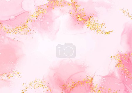 Illustration for Pastel pink alcohol ink background with gold glitter elements - Royalty Free Image