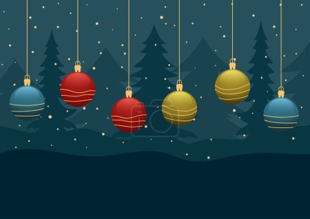 Téléchargez les illustrations : Fond paysage de Noël avec boules suspendues - en licence libre de droit