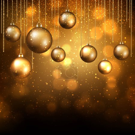 Ilustración de Fondo navideño con adornos dorados colgantes y luces bokeh - Imagen libre de derechos