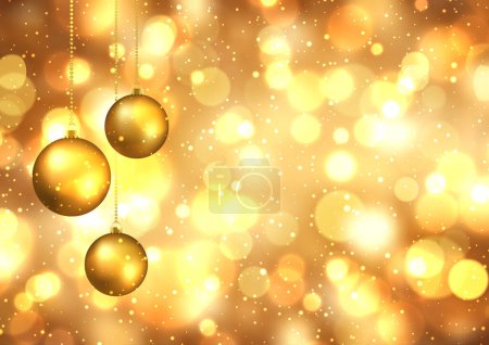 Téléchargez les illustrations : Balles de Noël suspendues sur un fond de lumières bokeh doré - en licence libre de droit