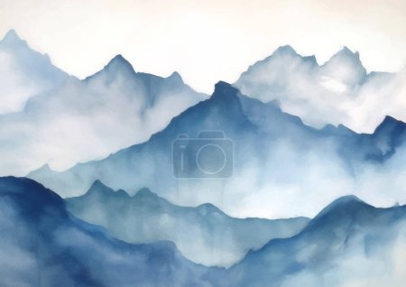 Téléchargez les illustrations : Minimal peint à la main style japonais aquarelle paysage de montagne - en licence libre de droit