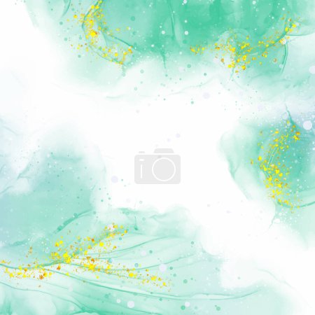 Illustration for Hand painted pastel green alcohol ink background with gold glitter elements - Royalty Free Image