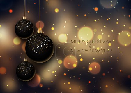 Illustration for Christmas background with black and gold hanging baubles on a bokeh design - Royalty Free Image