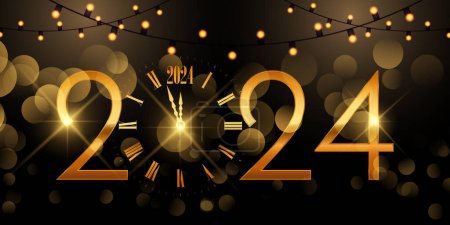 Ilustración de Feliz Año Nuevo banner con un reloj de oro y el diseño de números - Imagen libre de derechos