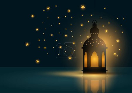 Illustration for Ramadan background with glowing lantern and stars design - Royalty Free Image