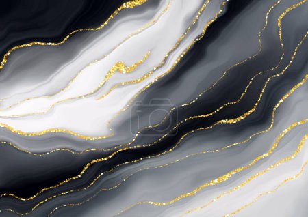Illustration for Elegant black grey and gold liquid marble effect background with gold glitter elements - Royalty Free Image