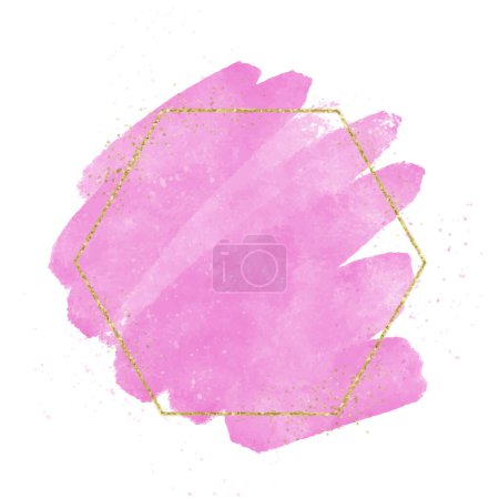 Illustration for Hand painted pink watercolour background with glittery gold hexagonal frame - Royalty Free Image