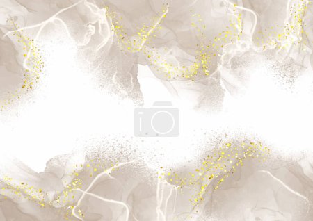 Illustration for Elegant hand painted neutral alcohol ink background with gold glitter elements - Royalty Free Image