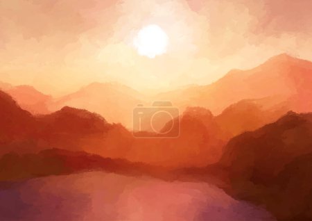 Illustration for Abstract hand painted sunset mountains landscape - Royalty Free Image