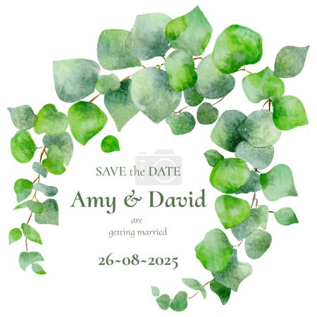 Illustration for Aave the date invitation with a hand painted watercolour leaves design - Royalty Free Image