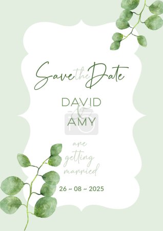 Illustration for Elegant save the date invitation with a hand painted watercolour leaves design - Royalty Free Image