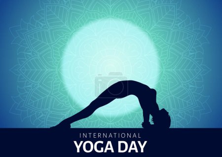 International yoga day background with mandala design and silhouette of a female in yoga pose