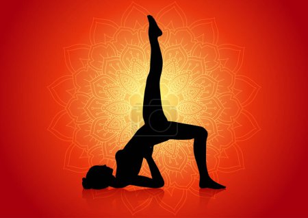 Foto de Silueta de una hembra en postura de yoga sobre fondo de diseño de mandala - Imagen libre de derechos