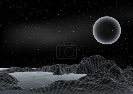 Illustration for Abstract futuristic space scene with a wireframe digital landscape - Royalty Free Image