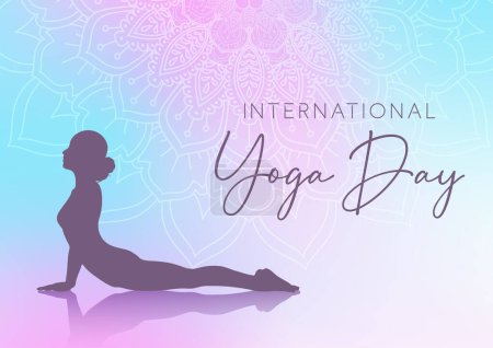 Decorative background for International Yoga Day with silhouette of a female in a yoga pose