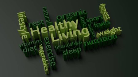 Vie saine grâce à un mode de vie équilibré choix santé et nutrition 3d illustration mot nuage concept.
