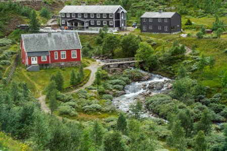 Photo for Typical Norwegian Houses near Myrdal from the Flam Railway in Norway - Royalty Free Image