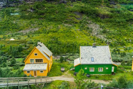 Téléchargez les photos : Maisons Norvégiennes typiques près de Myrdal depuis le Flam Railway en Norvège - en image libre de droit