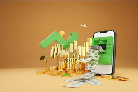 3D rendering ATM on smartphone screen ,green an arrow and gold coins, intricately integrated into the scene, signifies financial abundance and successful investments.