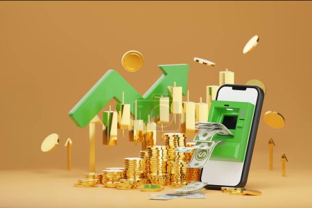 3D rendering ATM on smartphone screen ,green an arrow and gold coins, intricately integrated into the scene, signifies financial abundance and successful investments.