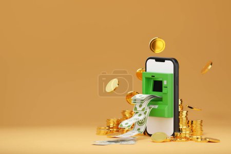 Photo for 3D rendering ATM with dollar bill on smartphone screen and gold coins, intricately integrated into the scene, signifies financial abundance and successful investments. - Royalty Free Image