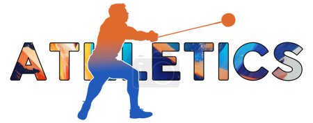 Isolated text ATHLETICS on Withe Background - Hammer Throw - Color Icon Gradient Silhouette Figure of a Male Spinning to Throw