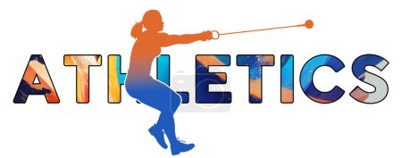Texto aislado ATLETAS sobre el fondo de Withe - Lanzamiento de martillo - Icono de color Gradiente silueta Figura de una mujer o mujer girando para lanzar 
