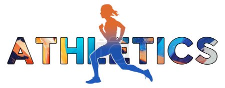 Isolierter Text ATHLETICS auf breitem Hintergrund Langstreckenlauf - Farbsymbolverlauf Silhouette Figur einer Frau läuft 