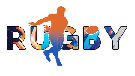Isolated text RUGBY on Withe Background - Color Icon Gradient Silhouette Figure of a Male Scrumhalf Passing Ball