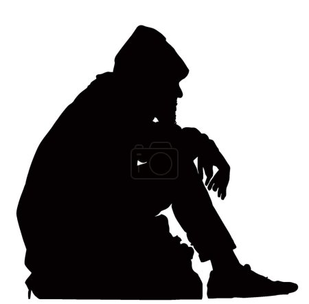 Illustration for Silhouette of Homeless Hobo Sitting with His Possessions - Royalty Free Image