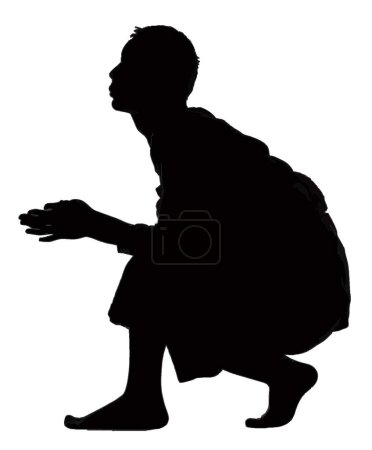 Illustration for Silhouette of Homeless Barefoot Boy Street Beggar with Begging Cupped Hands - Royalty Free Image
