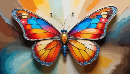 Illustration for High Detailed Full Color Vector - Fantasy artwork of a mesmerizing, jewel-toned butterfly in vivid, shimmering detail, set against a vibrant floral backdrop. - Royalty Free Image