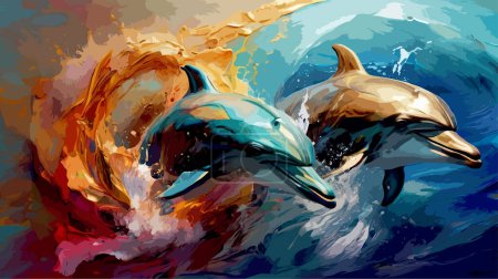 Illustration for High Detailed Full Color Vector - Modern Abstract Art of Two Dolphins Diving Through Paint Splash Waves in Colorful 3D Effect - Royalty Free Image