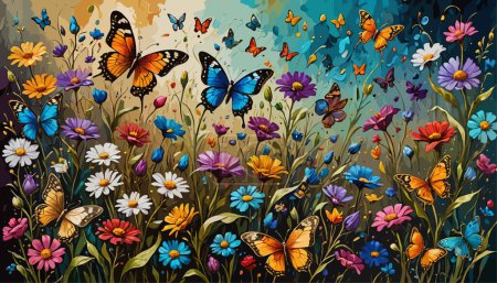 Illustration for Vibrantly colorful, lush floral and intricate illustrated artwork of graceful, realistic jewel-toned butterflies in a kaleidoscopic, dreamily floral setting. - Royalty Free Image