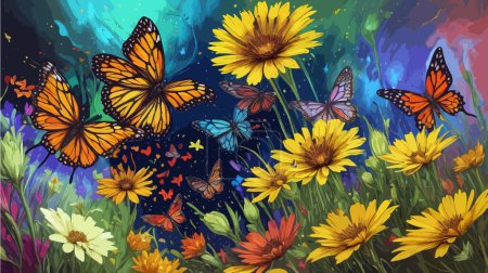 Alto vector detallado a todo color: obra de arte de fantasía de fascinantes mariposas teñidas de joyas y flores silvestres, contra un fondo oscuro.