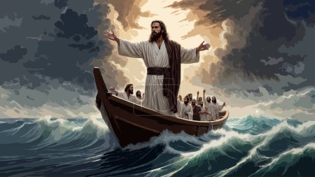 Haut détaillé vecteur polychrome Image dépeignant le miracle de Jésus apaisant les eaux de mer orageuses autour de la barque, Vous de peu de foi, pourquoi avez-vous si peur?