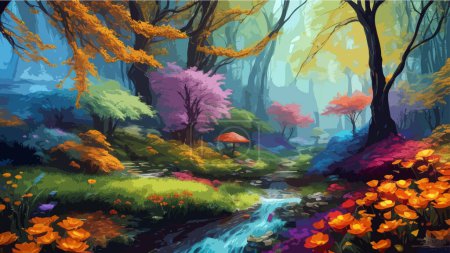Ilustración de Alto vector detallado a todo color: una ilustración de fantasía vibrante y caprichosa que representa el vibrante bosque de fantasía encantado colorido teñido de joyas con un río y flores lujosas - Imagen libre de derechos