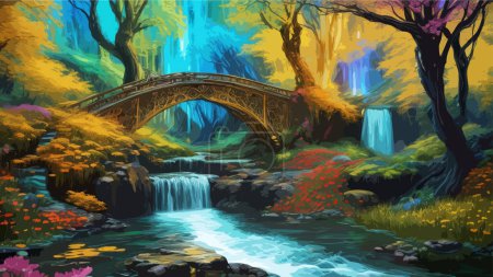 High Detailed Full Color Vector - Vibrant, Whimsical Fantasy Image of Colorful Enchanted Fantasy Forest with Footbridge, Waterfall, River and Lavish Flowers