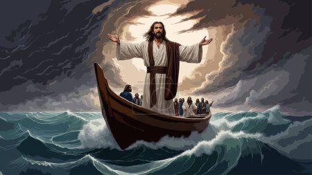 Alto Vector detallado a todo color - Imagen que retrata el milagro de Jesús silenciando las tormentosas aguas del mar alrededor de la barca, Tú de poca fe, ¿por qué tienes tanto miedo?