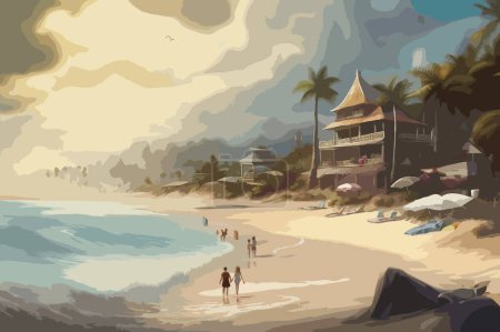 High Detaillierte Full Color Vector - Malerei von malerischen romantischen Strand Urlaub Einstellung, Vector EPS