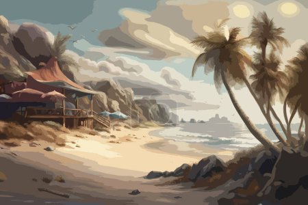 Ilustración de Alto Vector detallado a todo color - Pintura de pintoresco ambiente romántico de vacaciones en la playa, Vector EPS - Imagen libre de derechos